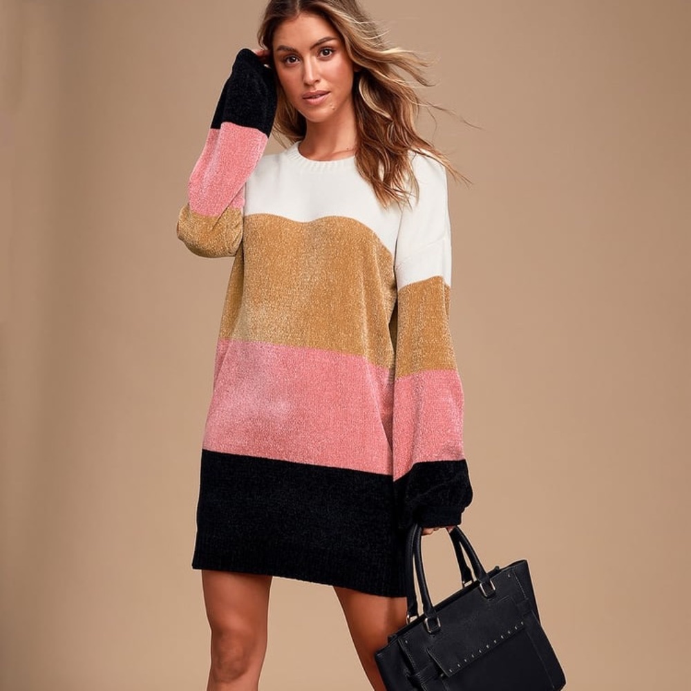 Ivory Multi Color Block Chenille Sweater Dress
